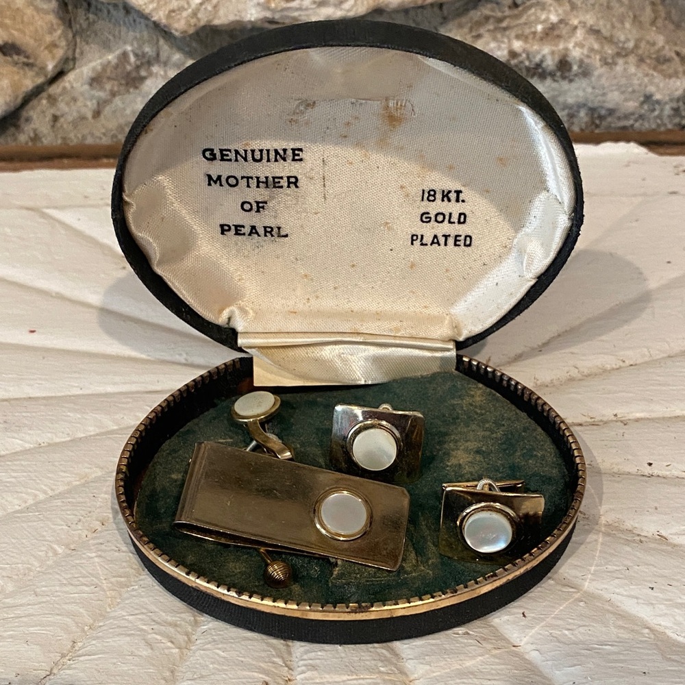 4/$10 Vintage1920s)Gen Mother of Pearl Cuff Links Tie Clip Collar Bar Money Clip